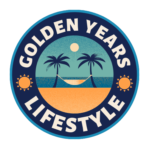 Golden Years Lifestyle logo, with image of palm trees and a beach.